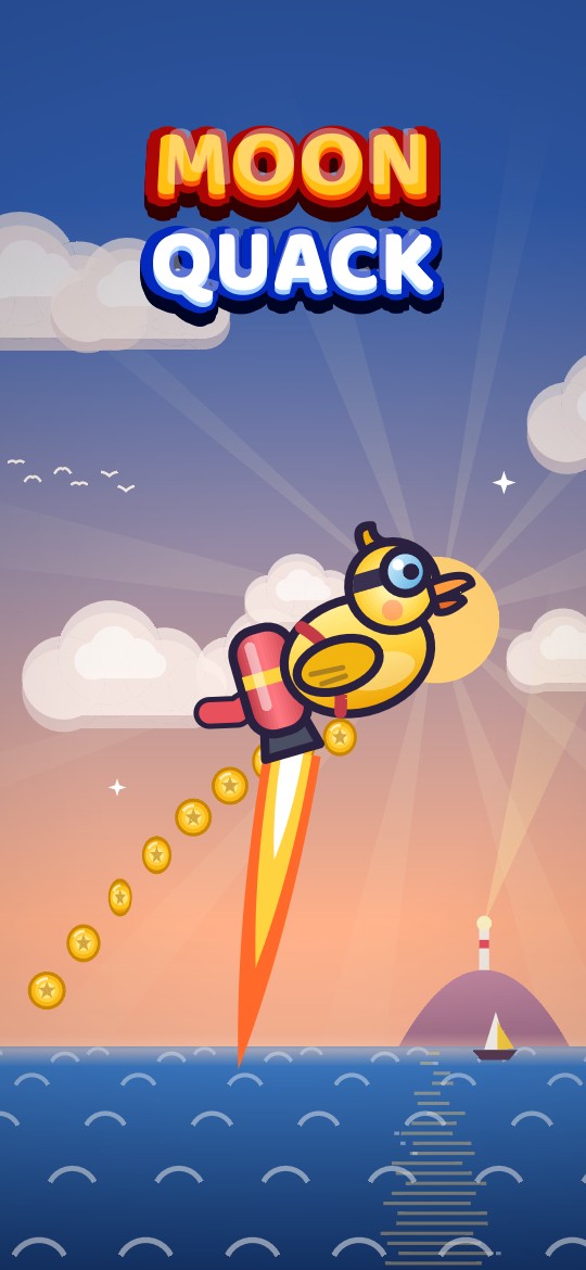 Moonquack: the jetpack duck flying over the sea at sunset along a trail of coins